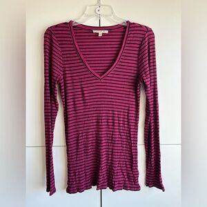 Express Women’s Pink Black Striped V-Neck Long Sleeve Top Size L